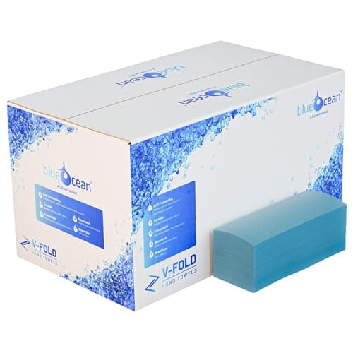 Image of BLUEOCEAN V Fold Paper Towels (1 Ply) | Interfold Blue Hand Towel (3600 Sheets) - Recycled, Strong & Super Absorbent Disposable Hand Towels for Bathrooms, Catering, Cleaning & Hand Drying