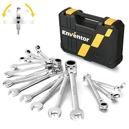 Image of Enventor 14PCS Flex-Head Ratchet Spanner Set - Metric, 6mm to 19mm Ratcheting Combination Wrench Set with Carry Case, Chrome Vanadium Steel - 72-Teeth, 5° Swing Arc