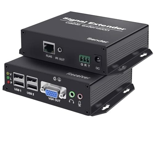 Image of Torileaf VGA KVM Extender Over Cat5e/6/7 Up to 394FT(120M), 2560X1080@60Hz VGA KVM Extender Over Ethernet Zero Delay Transmission, Plug and Play, with 4 USB2.0 Ports, IR Control, RS-232&Audio