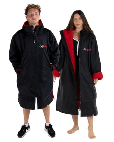 Image of Dryrobe Advance - The Original Long Sleeve Waterproof Changing Robe - Oversized Coat with Fleece Lining - for Beach, Cold Water Wild Swimming, Surfing - Unisex, Men, Women & Kids - Large - Black/Red
