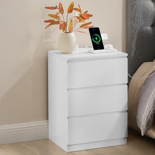 Image of VASAGLE KAILYN Collection - Bedside Table with Power Strip, Side End Table with Drawers, 2 AC Outlets, 2 USB Ports, for Living Room, Bedroom, Study, Cloud White LET631W15