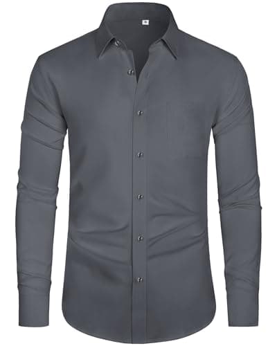 Image of J.VER Mens Shirts Long Sleeve Smart Casual Grey 4-Way Stretch Formal Dress Fashion Business Work Button Down Shirt for Men Adult L