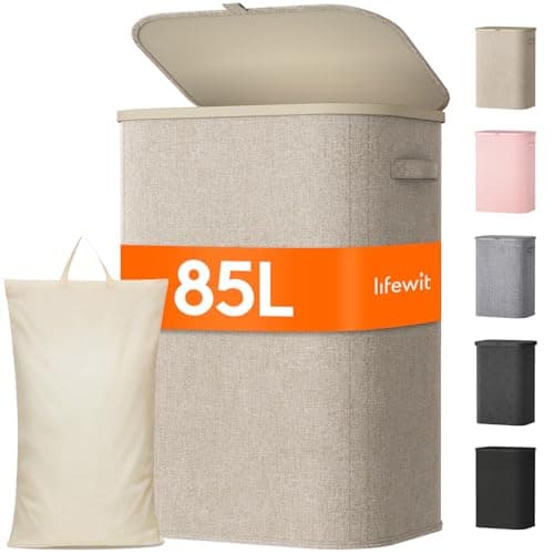 Image of Lifewit 85L Laundry Basket with Lid, Large Laundry Hamper with Plastic Handles and Removable Bag, Foldable Tall Dirty Clothes Hampers for Laundry for Laundry Room, Bedroom, Bathroom, Dorm, Beige