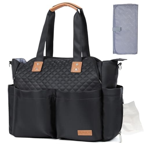 Image of Lekebaby Baby Changing Bag - Large Nappy Bags for Mom and Dad, Stylish Travel Tote with Nappy Changing Mat, Quilted Black