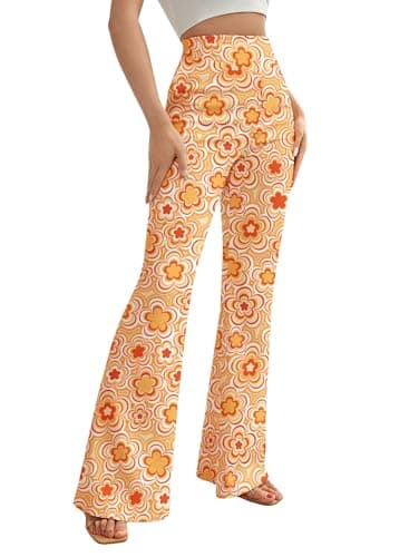 Image of EVELUST 70s Flare Pants for Women - Fancy Dress Costume Adult Rave Festival Outfits Wide Leg Leggings High Waist Hippie Bell Bottom Disco Costume Yoga Trousers (Orange, M, 1050w)