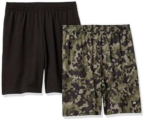 Image of Amazon Essentials Men's Athletic Basketball Gym, Performance Tech Loose-Fit Training Shorts, Pack of 2, Black/Green Geo Camo, L