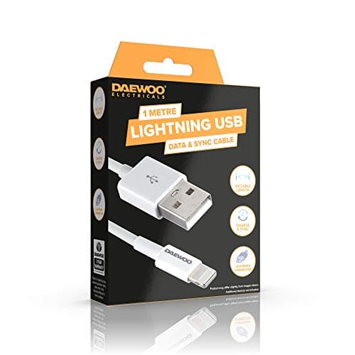 Image of Daewoo 1 Metre USB to 8-Pin Lighting Charge Cable for Date & Sync Connection, Power Level 5V 1A, Use with Compatible Adaptor, USB- 8 Pin Lighting