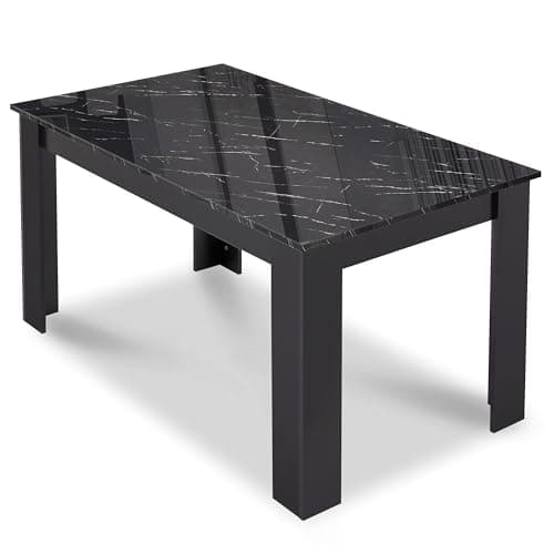 Image of Dining Table, Kitchen Table, 140 x 80cm High Gloss Black Marble Table Top Rectangle Wooden Dining Tables, 6 Seater For Dining Room, Kitchen, Living Room, Furniture 140L x 80W x 75H cm