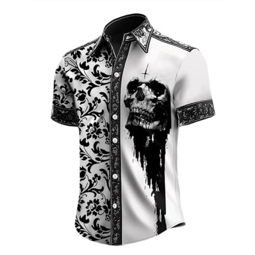 Image of Generisch 2026 Men's Halloween Trick Print Button Down Short Sleeve Shirt, White, XL
