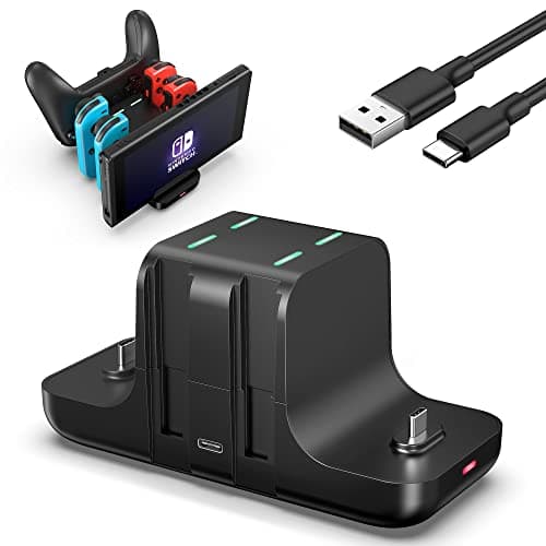 Image of GLDRAM 6 in 1 Switch Charger Dock Station for Nintendo Switch & OLED & Lite Accessories, Charging Dock Storage Stand for Nintendo Switch JoyCon and Pro Controller with USB C Charging Cable, Black