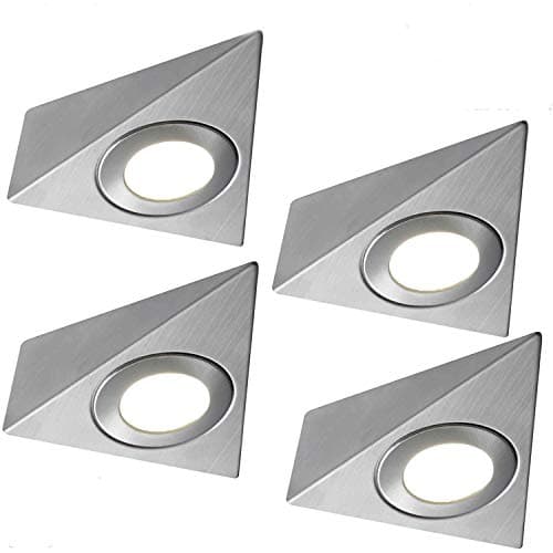 Image of 4 Pack | *240V Mains* LED Triangle Under Cabinet Kitchen Spotlights | Brushed Nickel & Natural White | Surface Mounted Light Fittings | Cupboard Worktop Counter Unit Lighting Kit | Loops