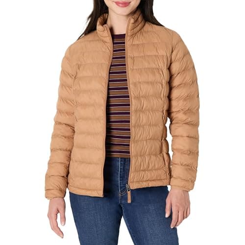 Image of Amazon Essentials Women's Lightweight long-sleeved, water-resistant, packable puffer jacket (available in plus size), Light Brown, L