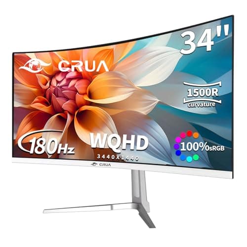 Image of CRUA 34 Inch Ultrawide WQHD Gaming Monitor 180Hz, 3440x1440 Curved Display, White Ultra Slim Design, 1ms MPRT, FreeSync & G-SYNC Compatible, HDR, HDMI & DisplayPort, VESA Mountable PC Monitor