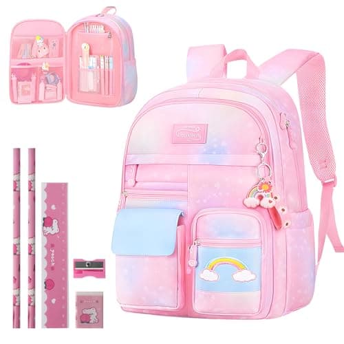Image of LPQKCcY Girls Backpack School Bag with Stationery Set, Refrigerator Door Kids Toddler Rucksack Large Capacity Backpacks, Waterproof Lightweight Primary Book Bags for Teens 8-10 Years Old (Pink)