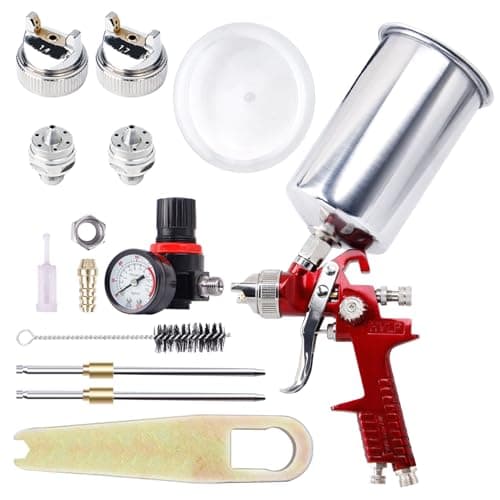 Image of Pindex HVLP Gravity Feed Air Spray Gun with 3 Nozzles 1.4 1.7 2.5 mm, Air Paint Sprayer with Aluminum Cup 1000 ml for Car Furniture Decoration Fence Paint House DIY (Red)