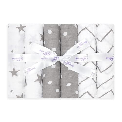 Image of Bloomsbury Mill - Muslin Cloths for Baby - Soft 100% Organic Cotton Muslin Squares - Baby Muslins Pack of 6 - Large Burp Cloths - Essentials For Newborn - Grey & White - 70x70cm