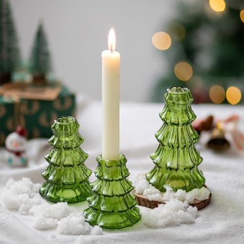Image of Glass Christmas Tree Table Decoration: Hewory Christmas Candle Holder for Candlesticks Small Xmas Ornaments for Home Table Centrepiece - 3 Pack