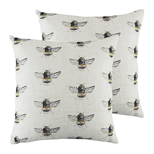 Image of furn. Bee Happy Repeat Twin Pack Feather Filled Cushions, White, 43 x 43cm