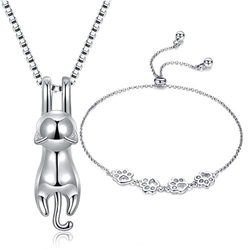 Image of Wonvin Collection Womens 925 sterling silver 3D cute cat Lover Matte surface/smooth pendant necklace (Bracelet+Necklace Set)