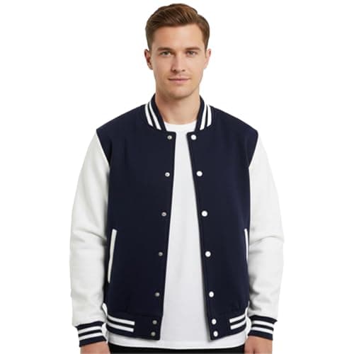 Image of SKT Unisex College Varsity Jacket, Classic Letterman Style with Snap Button Front (UK, Alpha, XL, Regular, Regular, Navy/White)
