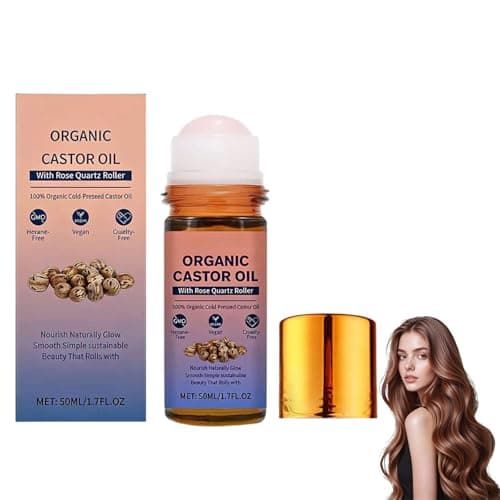 Image of Organic Castor Oil Rose Quartz Roller Ball, 50ml Castor Oil with Rose Quartz Roller, 100% Pure Cold-Pressed, Non-greasy, Gentle and Effective, Castor Oils Skin Care, For All Skin Types (1)