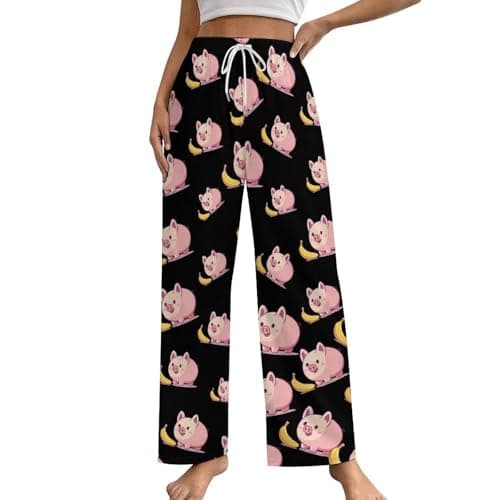 Image of Cute Pigs Bananas Pyjama Bottoms Womens Lounge Pants Wide Leg Ladies Casual Trousers Sleepwear