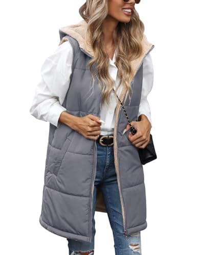 Image of RITOSTA Women's Fleece Long Gilets Ladies Winter Puffer Coats Longline Hooded Quilted Jacket Plus Size Parka Zip Up Outwear Sleeveless Down Body Warmer Padded Vest Waistcoat with Pocket(Grey Blue,S)