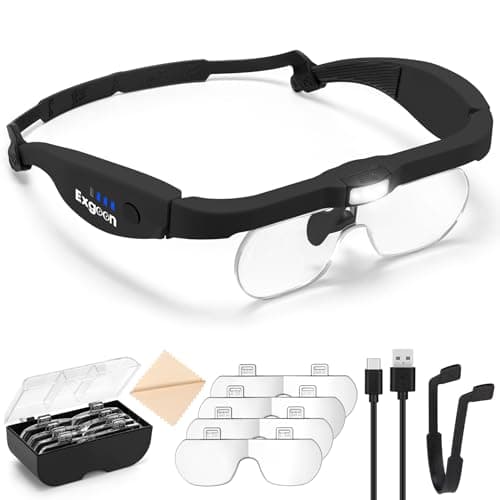 Image of Exgoon Magnifying Glasses with Light, 1.5X to 5X Magnifying Glass with 4 Detachable Lenses, Hands Free Rechargeable Headband Magnifier for Hobbies Crafts Jewellers Close Work (Black)