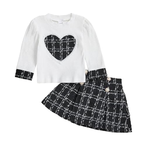 Image of BeliBacca Fall Winter Toddler Girl Outfits Heart Patchwork Long Sleeve Crew Neck Ribbed Shirt Top Elastic Waist Plaid Skirt Set 2pcs Kids Girl Clothes (White, 2-3T)