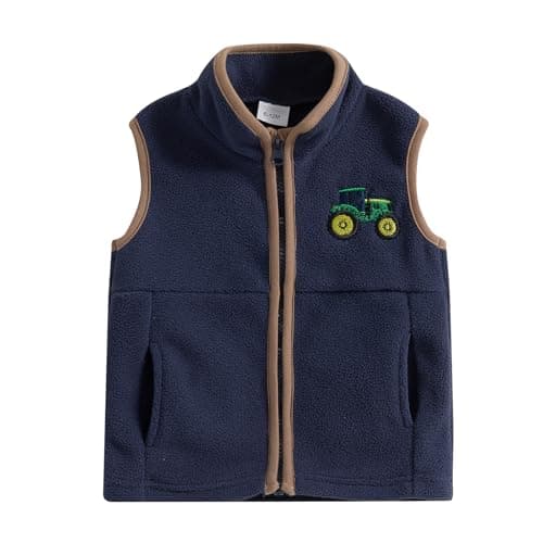 Image of BeliBacca Toddler Baby Boy Autumn Fleece Vest Tractor Embroidered Stand Collar Zip Up Sleeveless Jacket Kids Winter Warm Outwear Coat (Green, 2-3 Years)