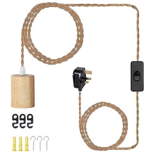 Image of Wood Pendant Light Cord Kit with Switch, 15FT Vintage Industrial Hanging Light Plug in Pendant Lamp Cord with Twisted Nylon Rope E26 E27 Socket for Farmhouse Home DIY