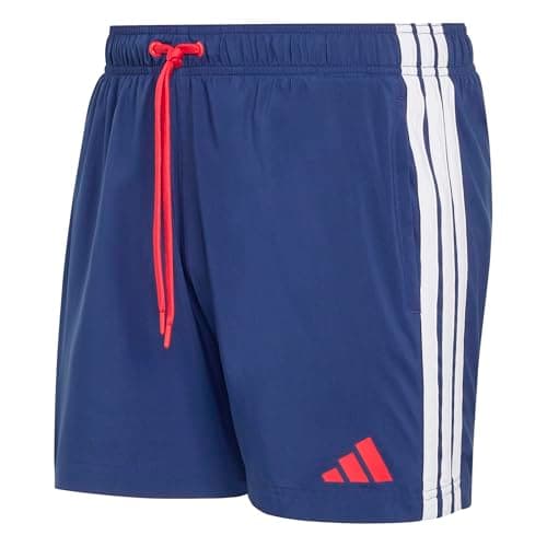 Image of adidas Men's 3 Stripes Swim Shorts 5 INCH, Dark Blue/Pure Ruby, L