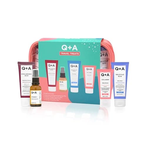 Image of Q+A Travel Treats Gift Set, 4-Piece Skincare & Bodycare Minis with Travel Bag, Hydrating Facial Cleanser (75ml), Vitamin C Serum (30ml), Salicylic Acid Body Wash (75ml) & Collagen Body Butter (50ml)