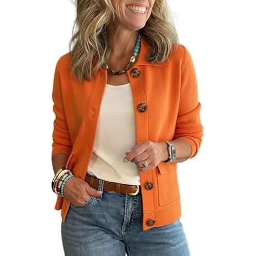 Image of Generisch Plain Women's Jacket with Flap Collar and Button Placket, Hooded Transition Jacket with Pockets, Casual Spring Jacket, Versatile Suitable for Spring and Autumn, orange, XXL