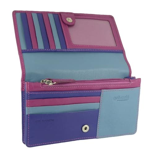 Image of Womens Leather Flapover Matinee Organiser Purse RFID Protection 10 Cards, Notes and Coins (Pink Purple Multi)