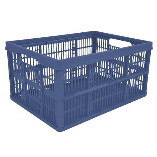 Image of simpa 32L 32 Litre Blue Plastic Folding Storage Container Basket Crate Box Stackable Portable Folds Flat - Set of 2