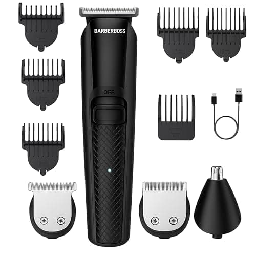 Image of BarberBoss Men’s Cordless Trimmer Kit: Beard, Hair, Nose & Ear Groomer, 6 Guide Combs, USB Rechargeable, Ceramic-Titanium Blades, LED Charge Indicator, Waterproof Design, Men’s Clipper (Black)