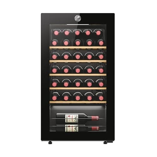 Image of Hoover H-WINE 500 Freestanding Wine Cooler, 34 Bottles, Single Zone Temperature, Anti-UV Glass Door, Low Vibration Design, LED Light, hOn App, G Class, Black, 47.5x45.6x85 cm - HOWC034K