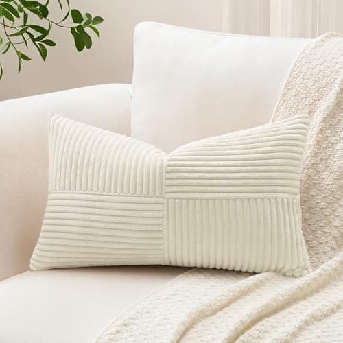 Image of Sungeek Set of 1 Decorative Cushion Cover 30 x 50cm Soft Corduroy Striped Cross Patchwork Textured Pillow Covers Solid Lumbar Throw Pillow Cases for Sofa Bed Patio 12x20 Inch, Cream White
