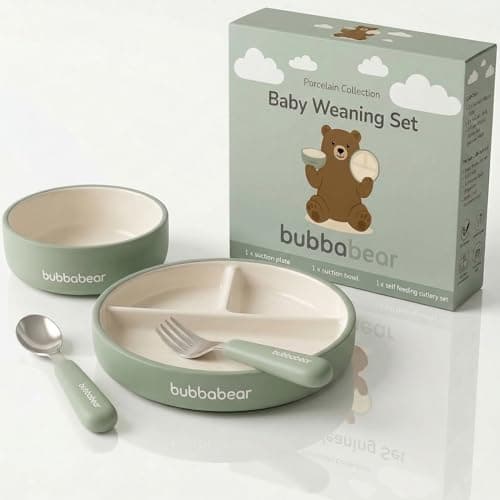 Image of Bubba Bear Baby Porcelain Set for Weaning | Suction Plate, Bowl & Feeding Cutlery for Babies | Toddler Stay Put Food Bowls & Plates Sets | Non Slip Silicone Sleeve for Toddlers & Kids (Sage Green)