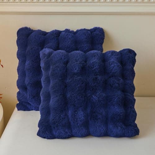 Image of LIFEREVO 2 Pieces Fluffy Faux Rabbit Fur Cushion Covers 45x45cm, Luxury Plush Shaggy Bubble Square Throw Pillow Covers with Zipper, Home Decor Furry Pillow Shams for Bed Couch Sofa Chair, Navy Blue