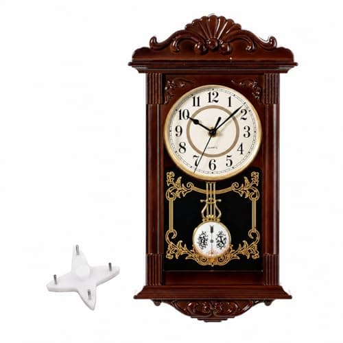 Image of Quickway Imports Vintage Grandfather Wood- Looking Plastic Pendulum Wall Clock for Living Room, Kitchen, or Dining Room, Brown