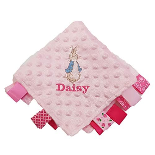 Image of Giftsabc Personalised Peter Rabbit taggy comfort blanket with a name in pink grey or white (pink)
