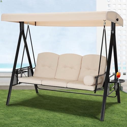 Image of UNIONLINE 3 Seater Garden Swing Chair, Outdoor Swing Chairs Thick Padded Seat with Adjustable Tilting Canopy,Hammock Chair Bench Side Tables Cup Trays For Garden/Balcony/Terrace/Patio(Beige)