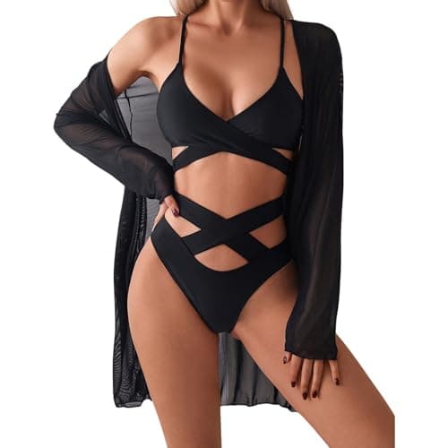 Image of Xumplo Womens Swimming Costume 3 Piece Bikini Set with Cover Up Swimsuit Ladies Tops+High Waist Shorts+Long Sleeve Cardigan Bathing Suit Black-XL