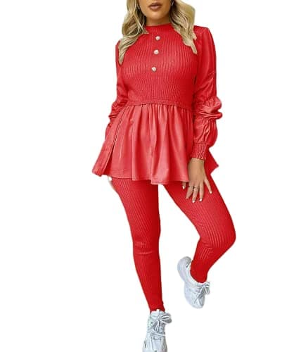 Image of AAIF RETAILS® Ladies Round Neck Ribbed Frill Peplum with Leggings Women Loungewear Suit Shirt Contrast Tracksuit Ladies Jumpsuit Set of 2 pc UK Size 08 to 14 one-size-fits-all (Red 8-14 UK SIZE)