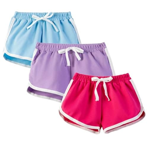 Image of Gavena 3 Pack Girl Shorts Kids School PE Shorts Sport Athletic Summer Cotton Short Pants Dolphin Shorts for Little Kids(4-5 Years,Blue Pink Purple)