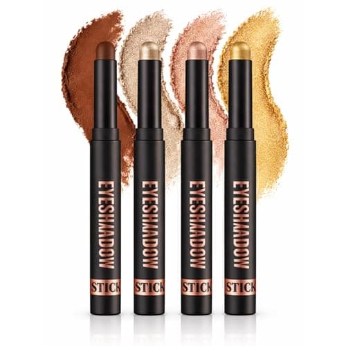 Image of 4-Piece Creamy Retractable Eyeshadow Stick Set with Shimmer and Matte Finishes - Long-Lasting Waterproof Smokey Eye Makeup in Bronze Brown Champagne Rose Gold and Gold Glitter Shades for Women