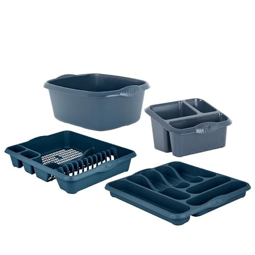 Image of M1SS Navy Blue - 4 Piece Casa Plastic Kitchen Set (38cm Rectangular Bowl, Large Cutlery Tray, Large Dish Drainer & Sink Tidy) Perfect for Kitchen Organisation Home and Restaurants