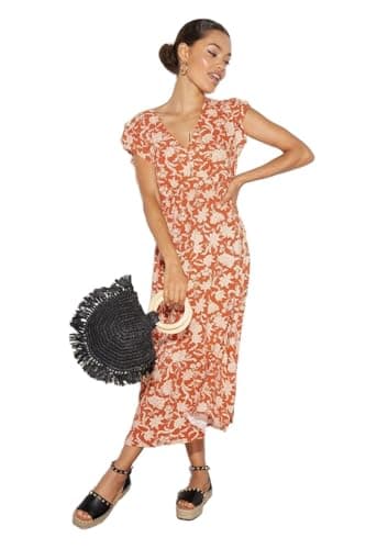 Image of Dorothy Perkins Petite Floral Ruffle Sleeve Button Midi Dress, 12, Rust